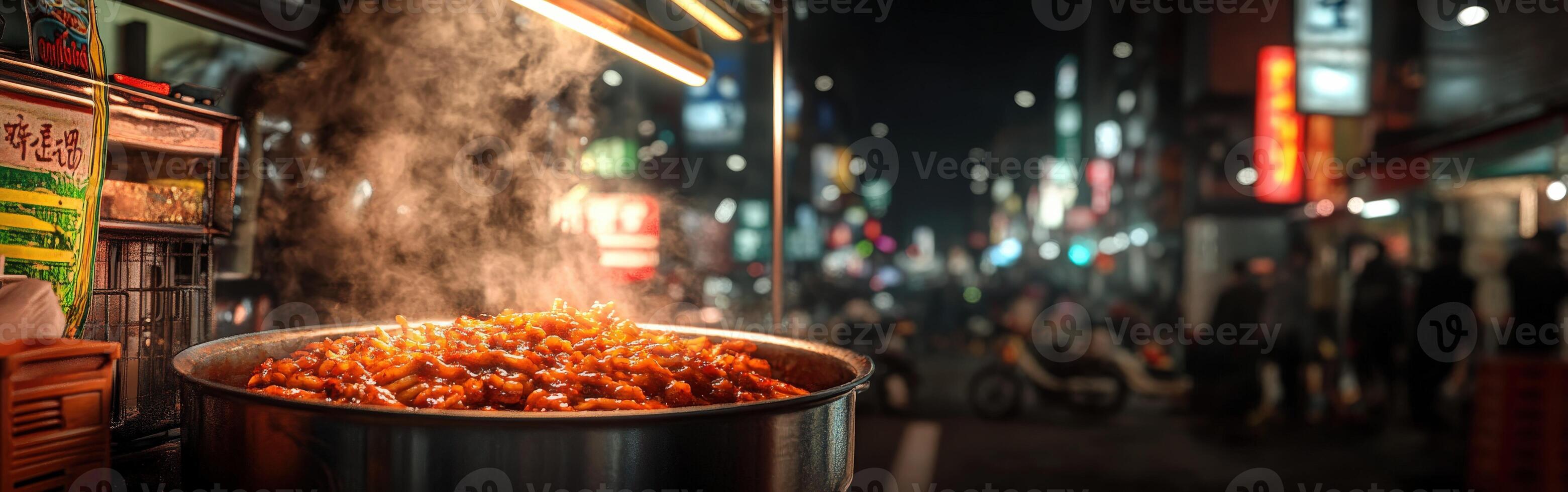 Popular tteokbokki stall on a bustling night street photo