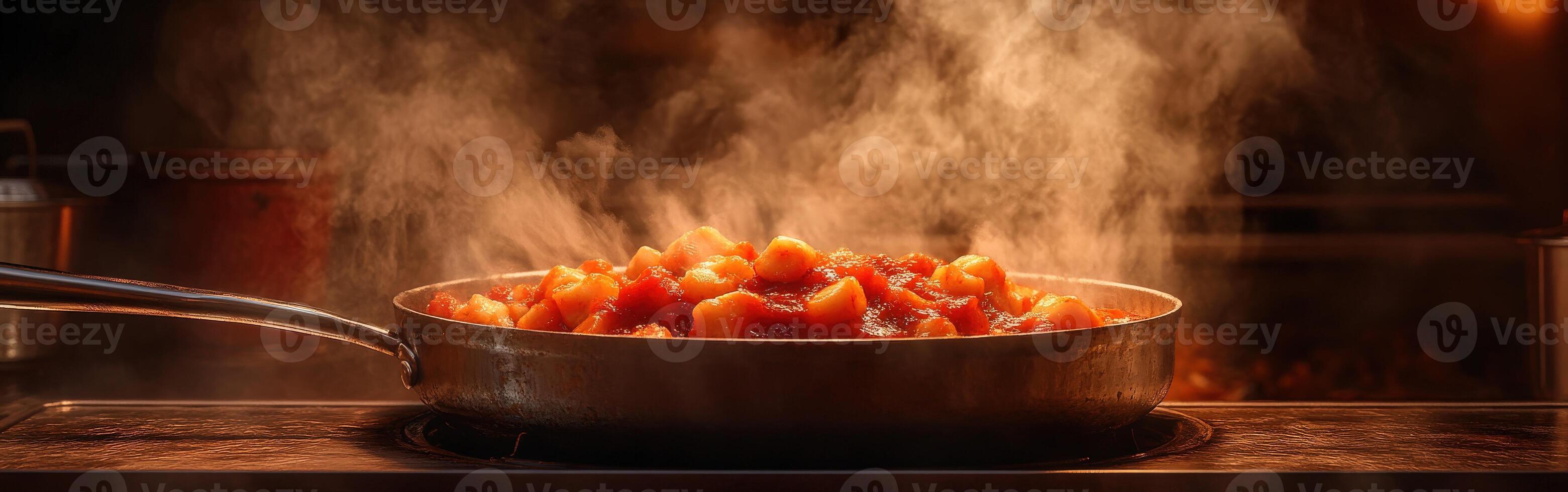 Delicious tteokbokki cooking in a steaming pan at night photo