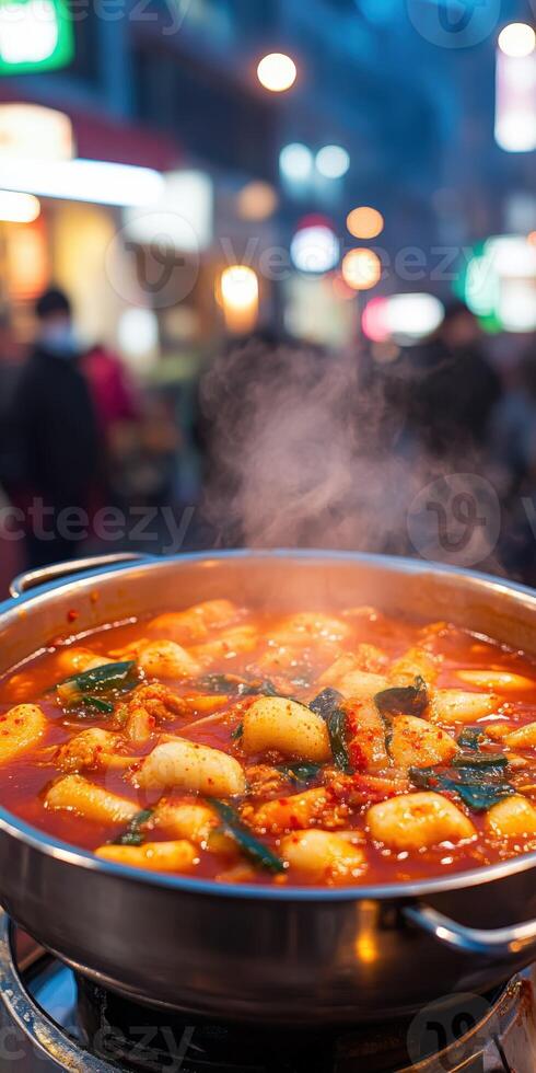 Delicious tteokbokki cooking in busy street food market at night photo