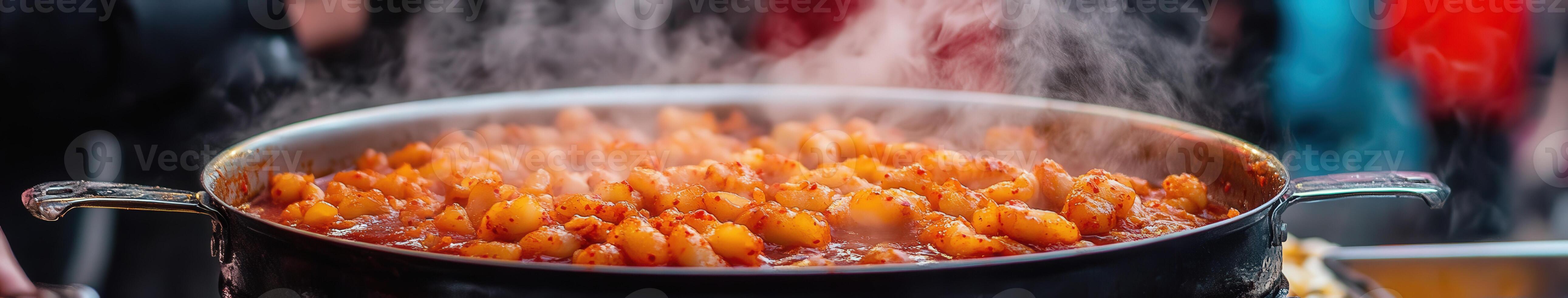 Delicious tteokbokki served at a bustling street food market photo