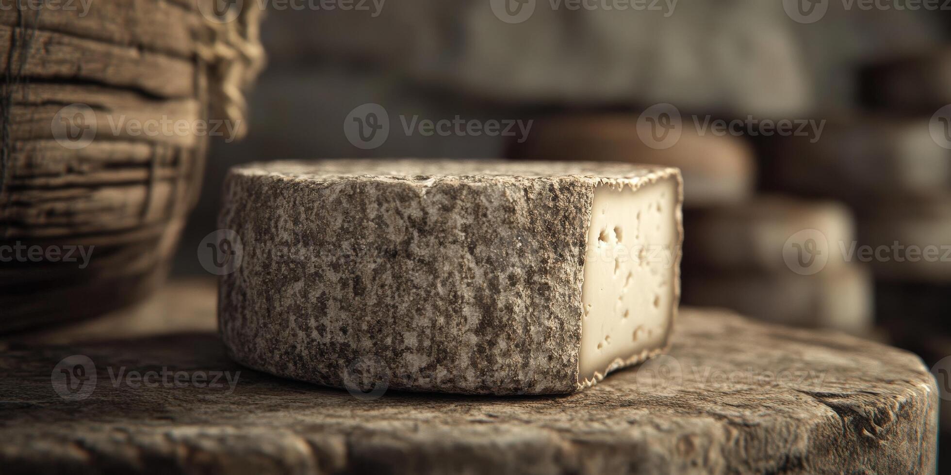 Goat cheese placed on wooden surface in rustic setting photo