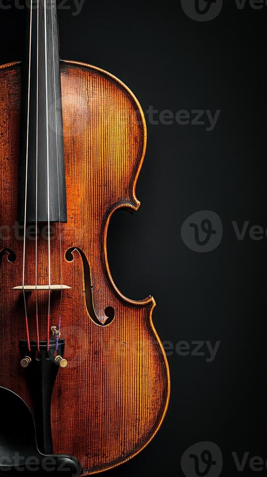 Elegant wooden violin with intricate details against dark background photo