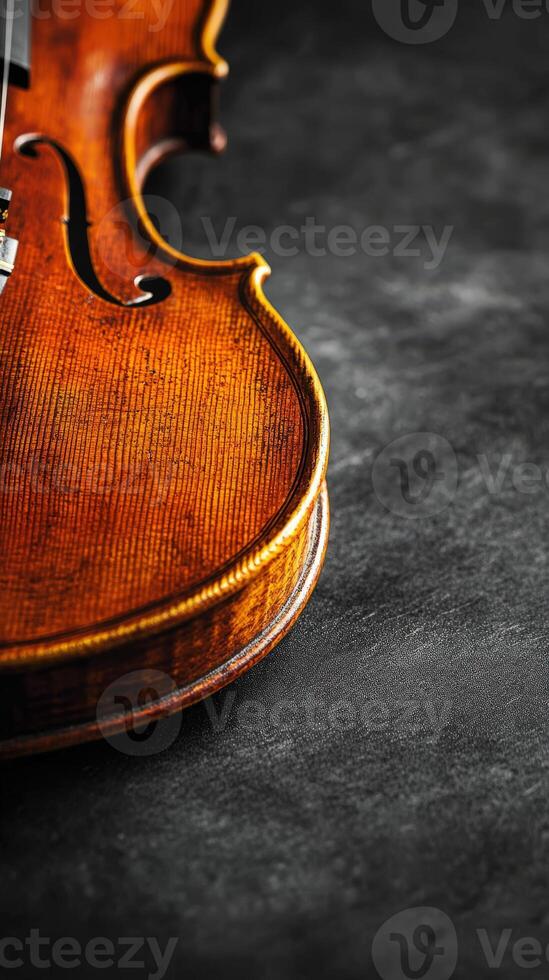 Elegant violin resting on a dark surface displaying fine craftsmanship photo