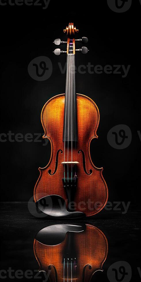 Beautiful violin with rich wood tones under dramatic lighting photo