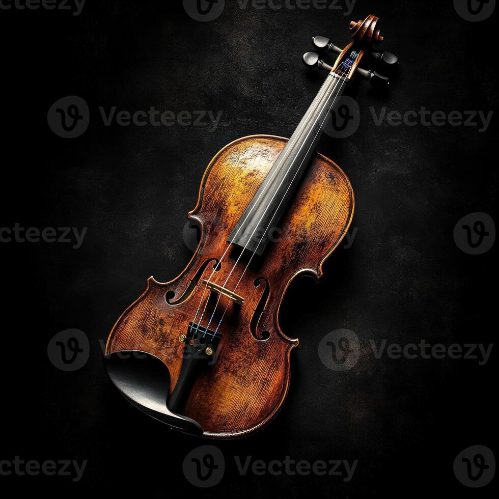 Violin resting on dark backdrop displays rich wood texture and detail photo