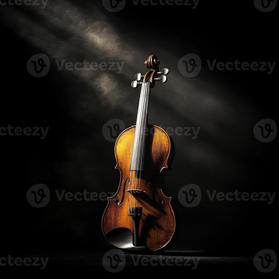 Beautifully crafted violin illuminated by soft light in dark setting photo