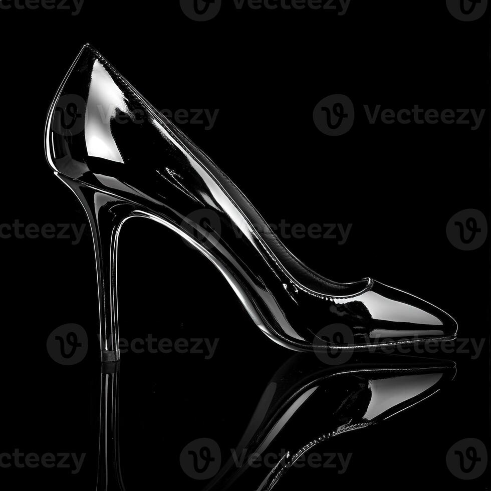 A black and white photo of a high heel shoe