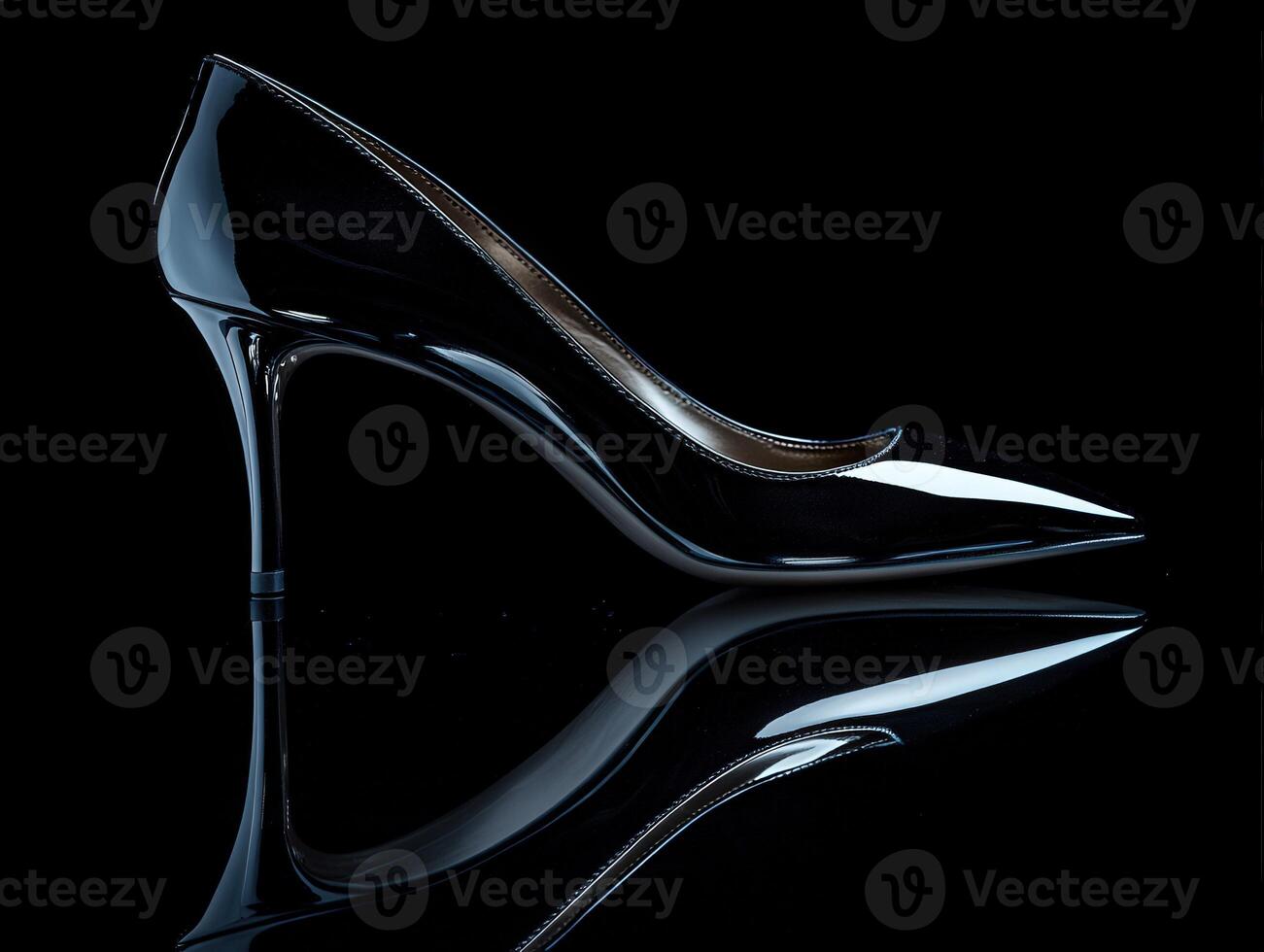 Elegant black high heel with a glossy finish on reflective surface photo