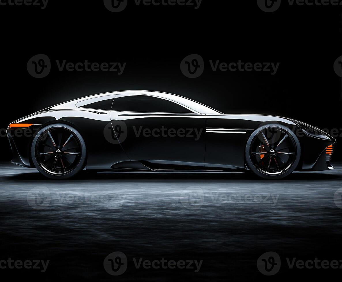 Sleek black sports car on a dark showroom floor photo