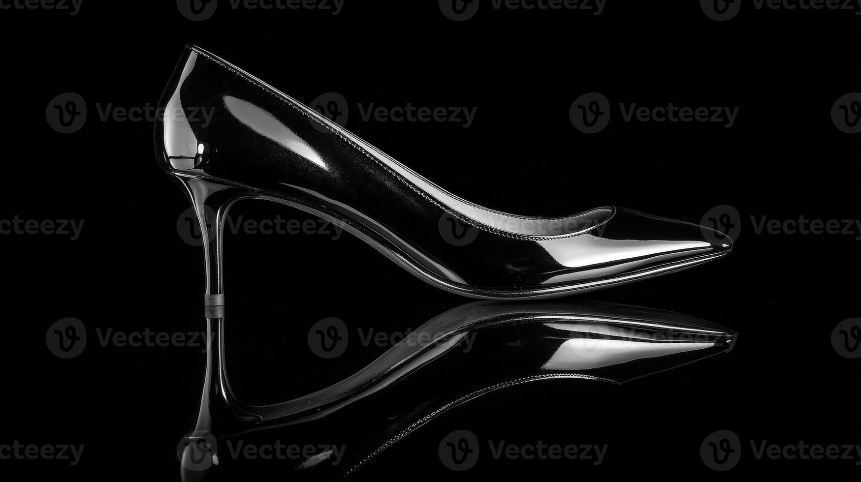 A black high heel shoe with a reflection photo