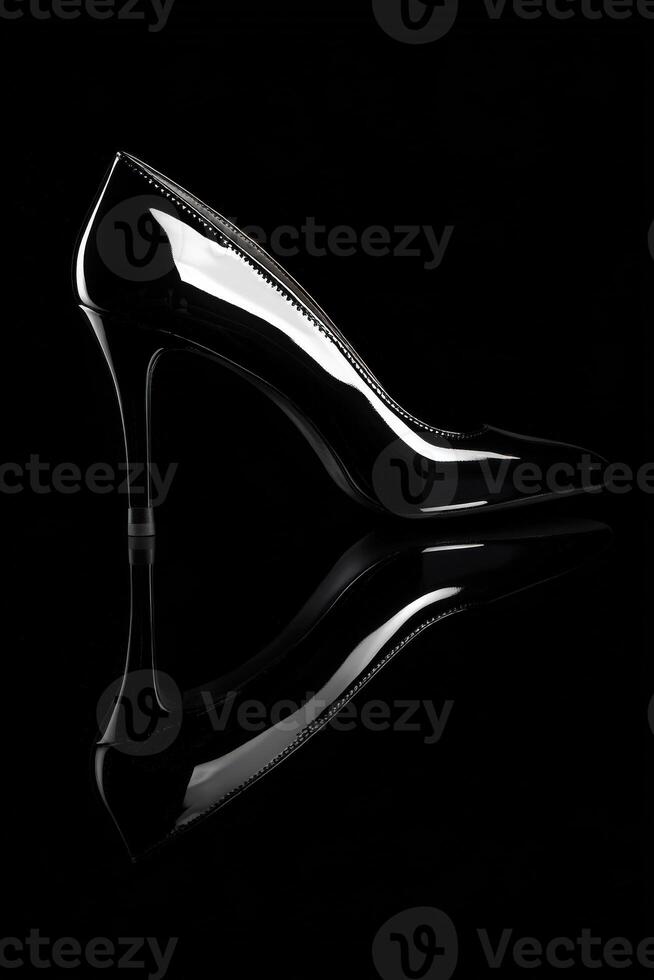 A black high heel shoe with a reflection of the shoe photo