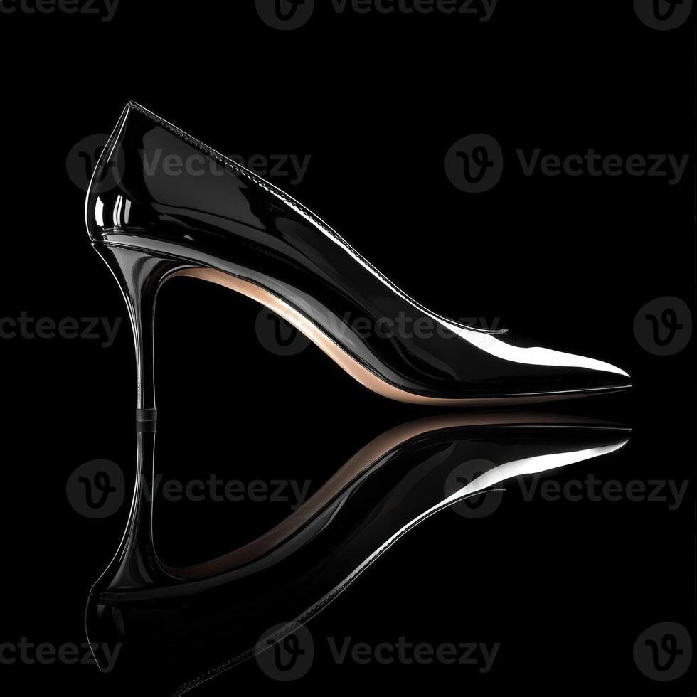 A black high heel shoe with a reflection photo
