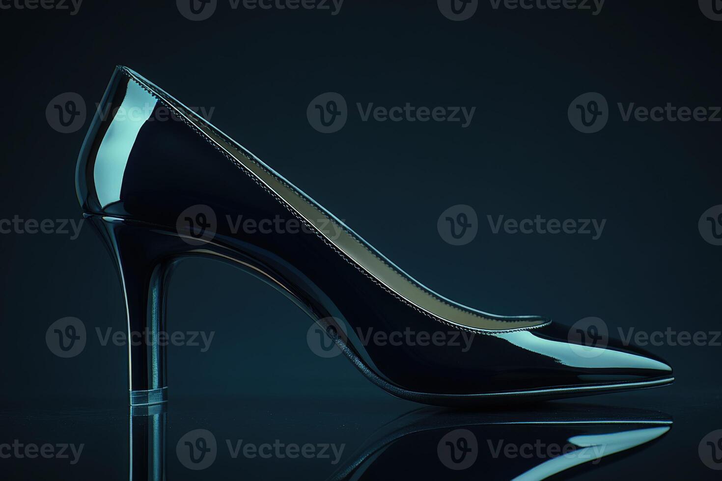 Elegant black high heel shoe presented on glossy surface photo