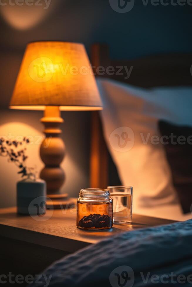 Shilajit jar on bedside table next to glass of water at night photo