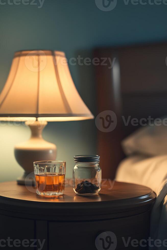 A glass of whiskey and a lamp on a nightstand photo
