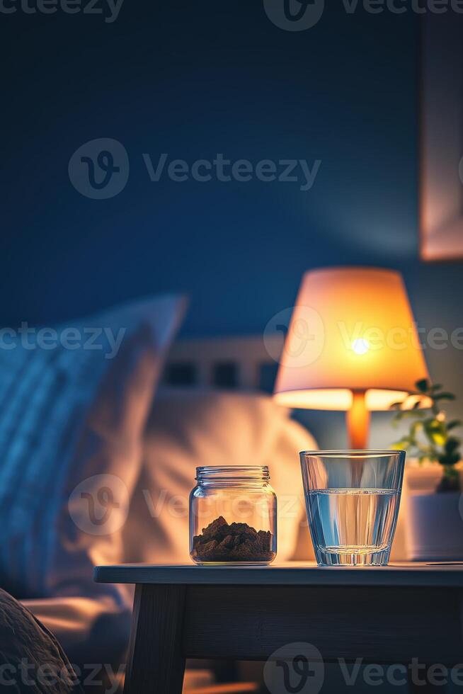 Relaxing evening setup with water and herbal supplement photo