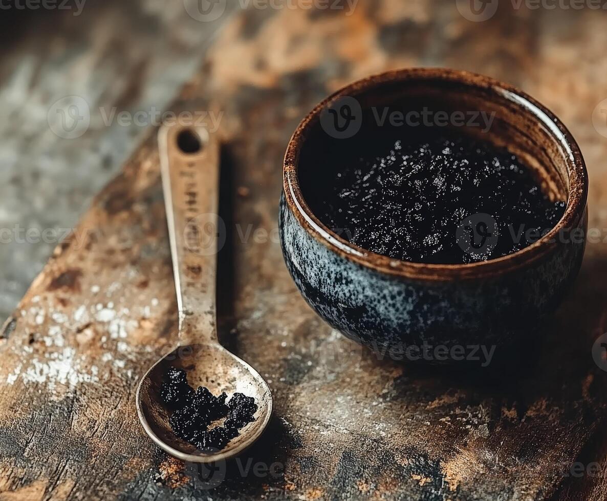 Shilajit in a rustic bowl with metal spoon on wooden surface photo