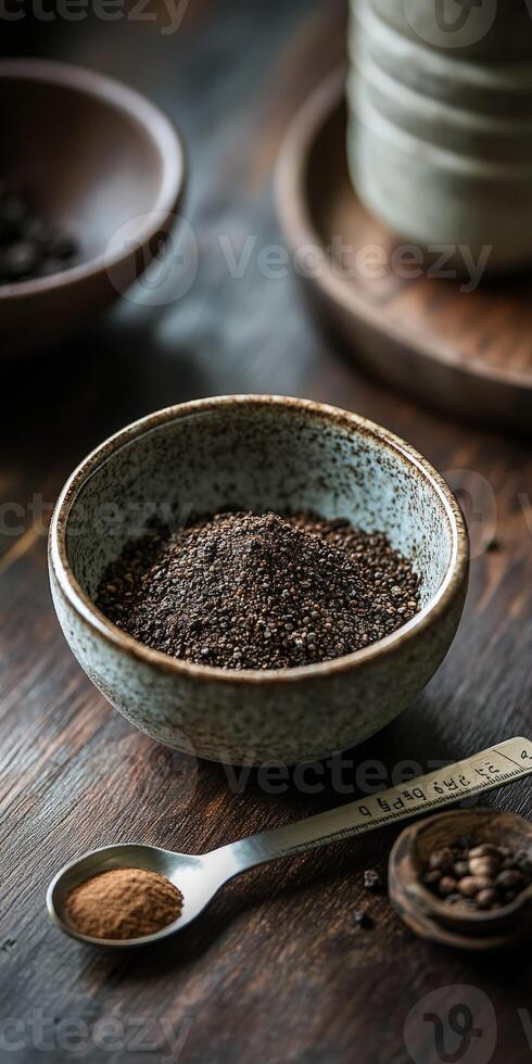 Shilajit powder in a rustic bowl on a wooden table photo