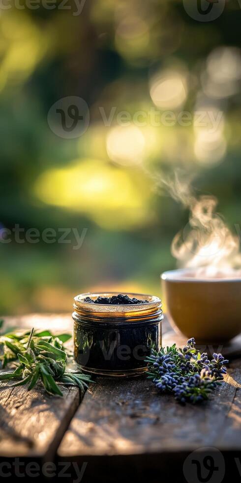 Shilajit resin in a serene outdoor setting with steaming tea photo