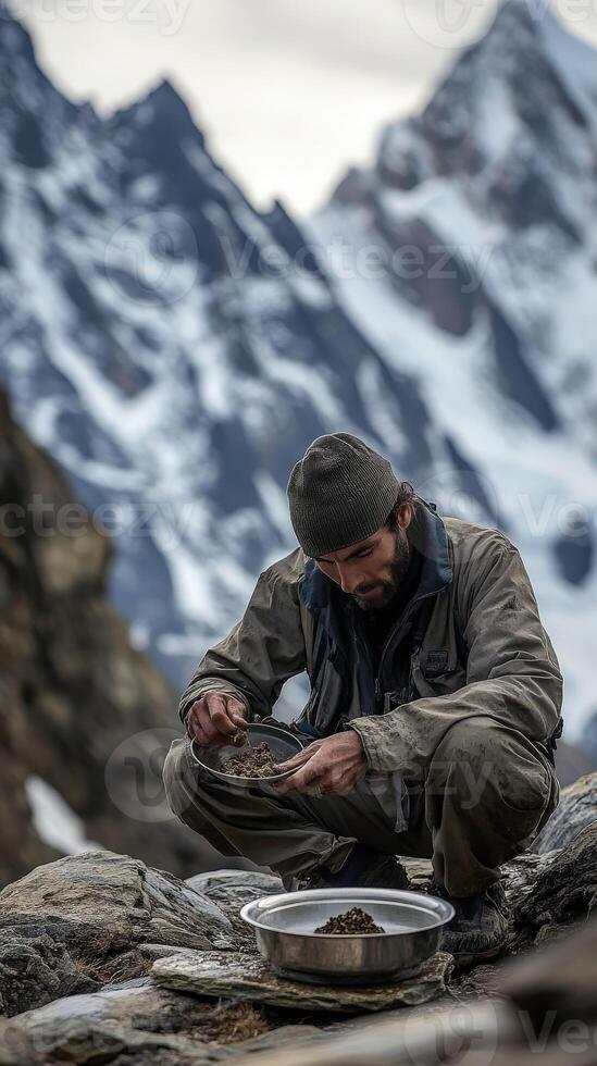 Gathering shilajit from rocky terrain in the mountains photo