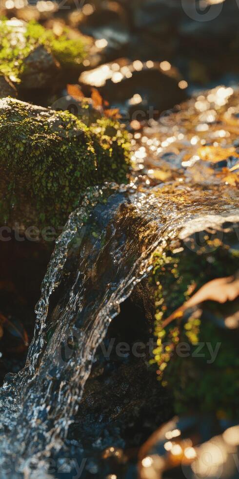 Flowing river water cascades over mossy rocks in autumn light photo
