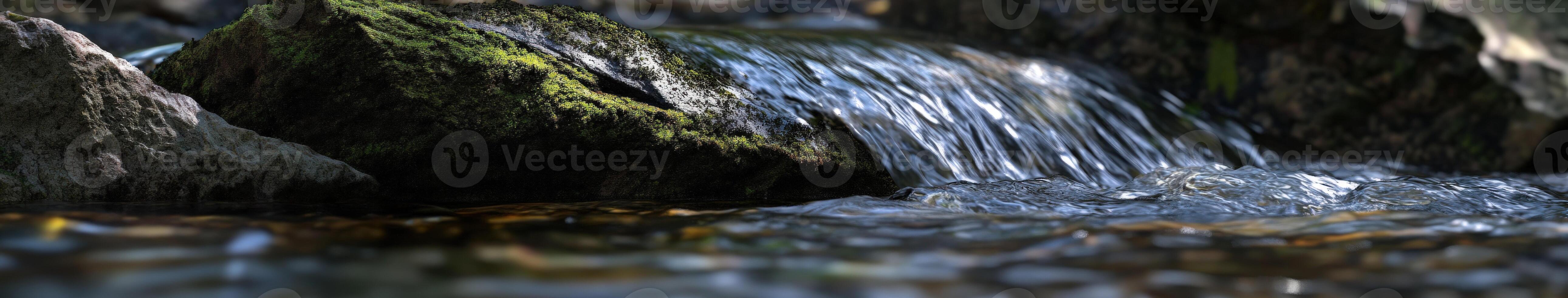Calm river water flows over moss-covered rocks in nature photo