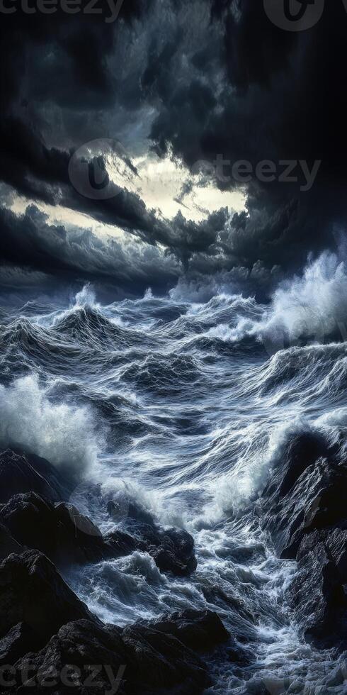Raging river waters crash against dark rocks under stormy skies photo