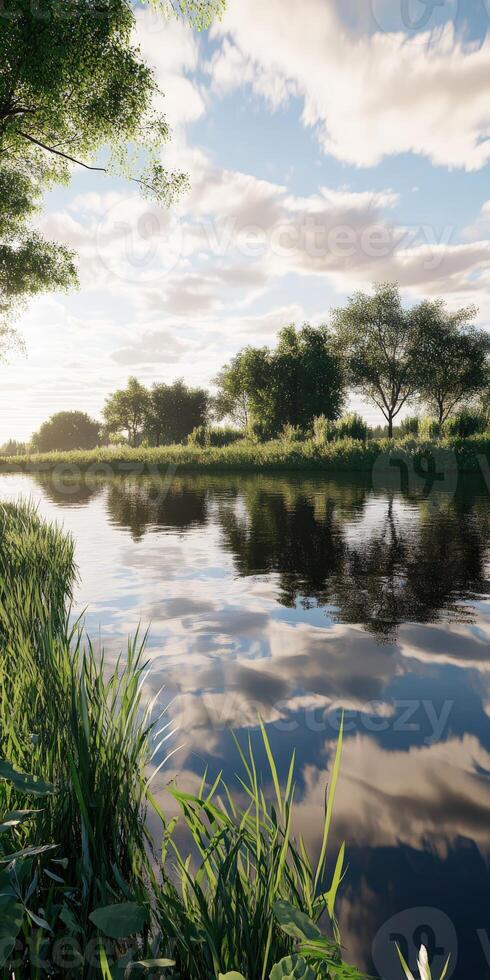 Calm river reflecting a picturesque sky with lush greenery photo