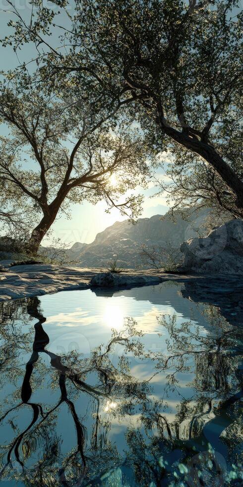 Reflections of trees on a calm river at sunset near mountains photo