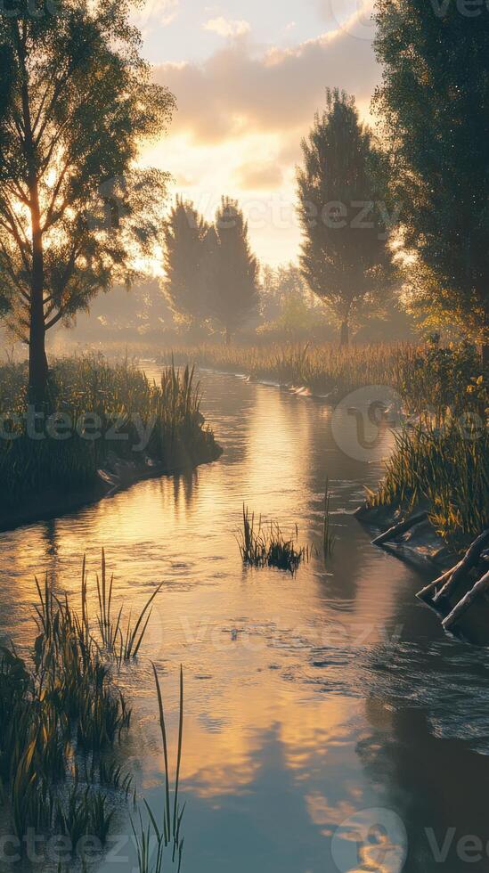 Calm river waters reflecting the golden sunset in a serene landscape photo