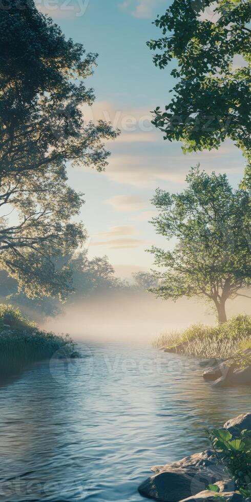 River water flowing through a lush landscape in early morning light photo