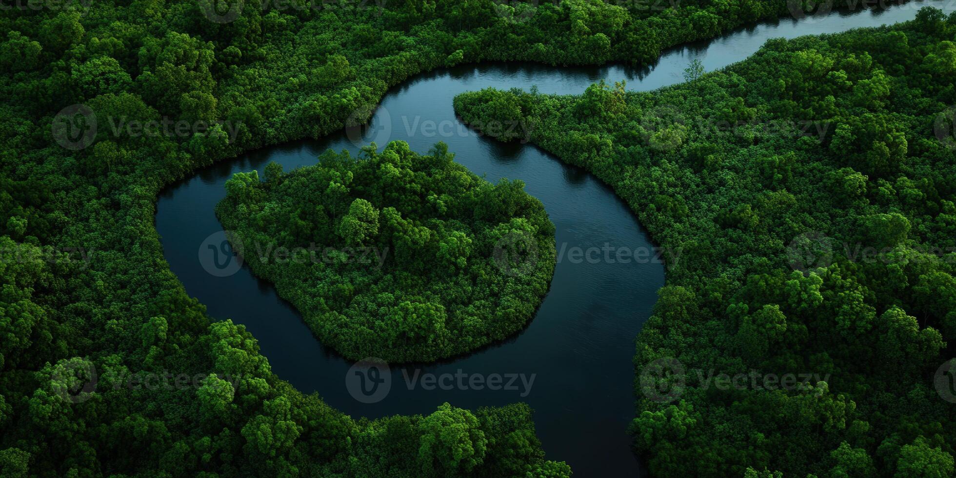 Winding river flows through lush green landscape in daylight photo