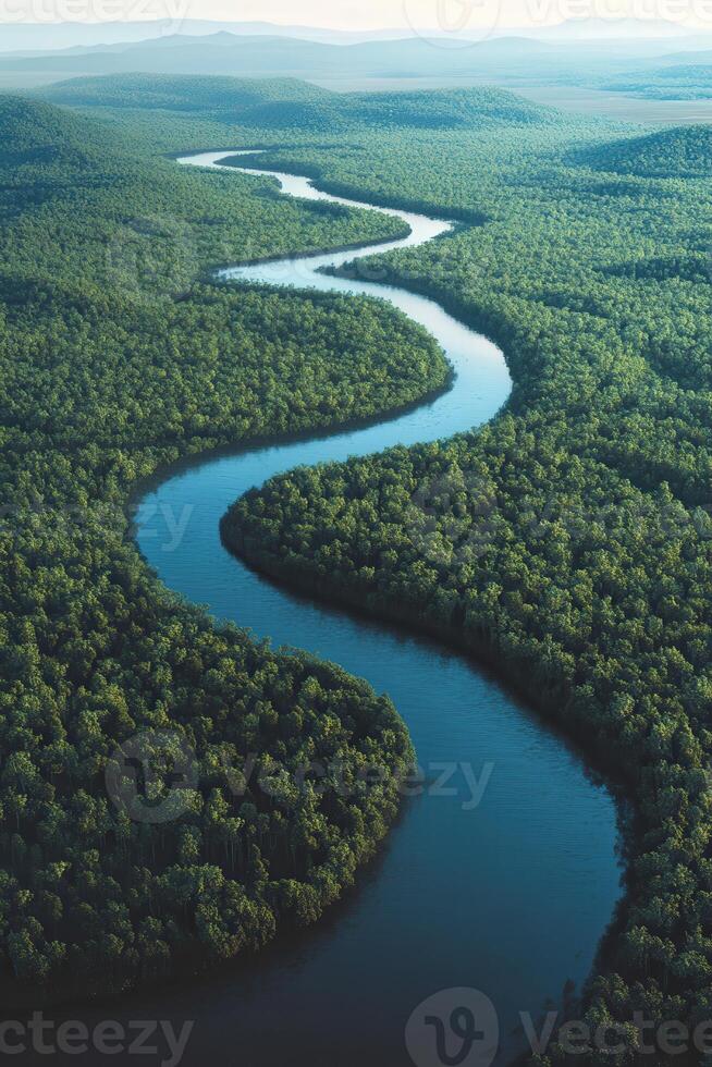 Winding river flowing through lush green forest landscape photo