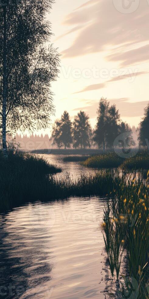 Calm river water reflecting trees under a serene morning sky photo