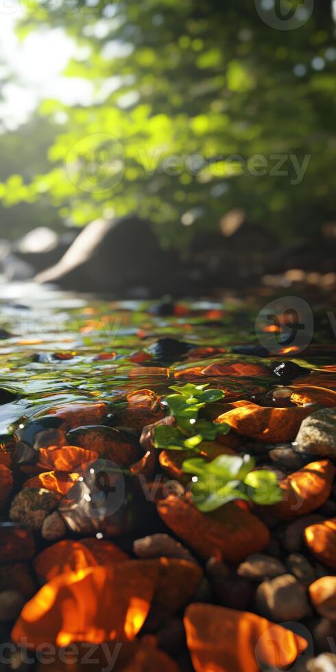 Calm river water reflecting sunlight with colorful pebbles photo