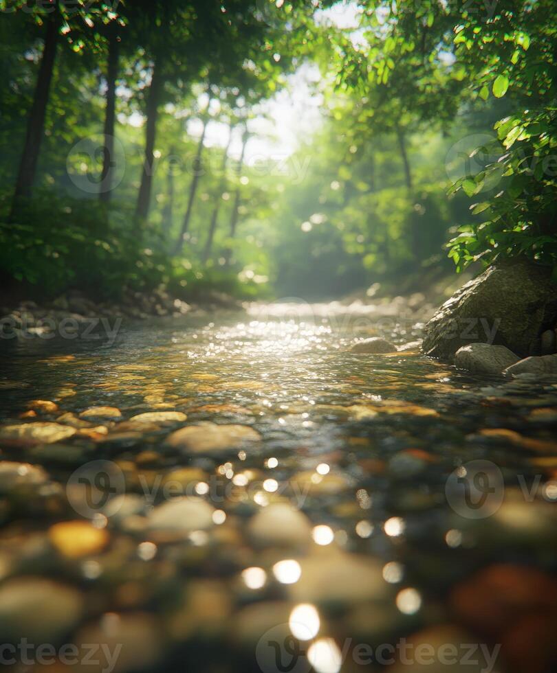 Gentle river flows through a sunlit forest surrounded by stones photo