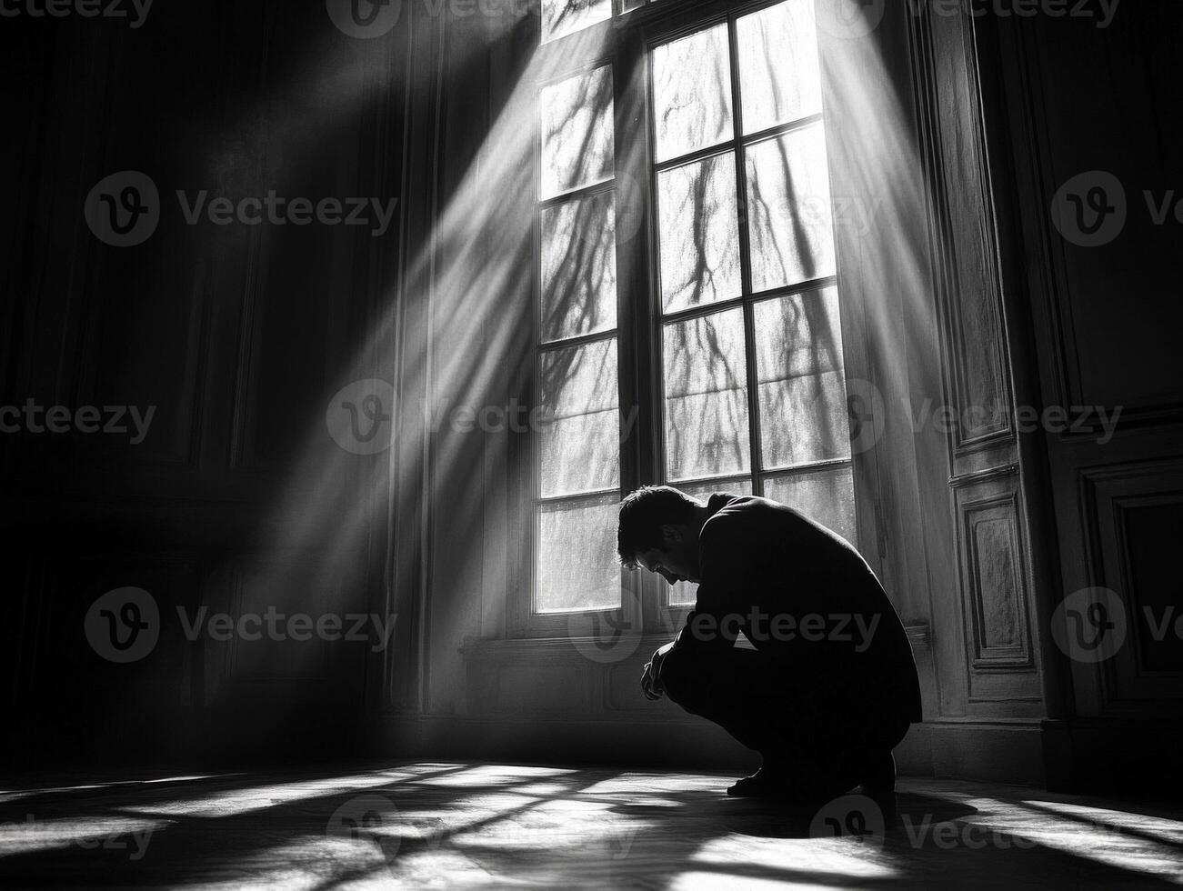 Despair captured in a dim room with rays of light streaming in photo