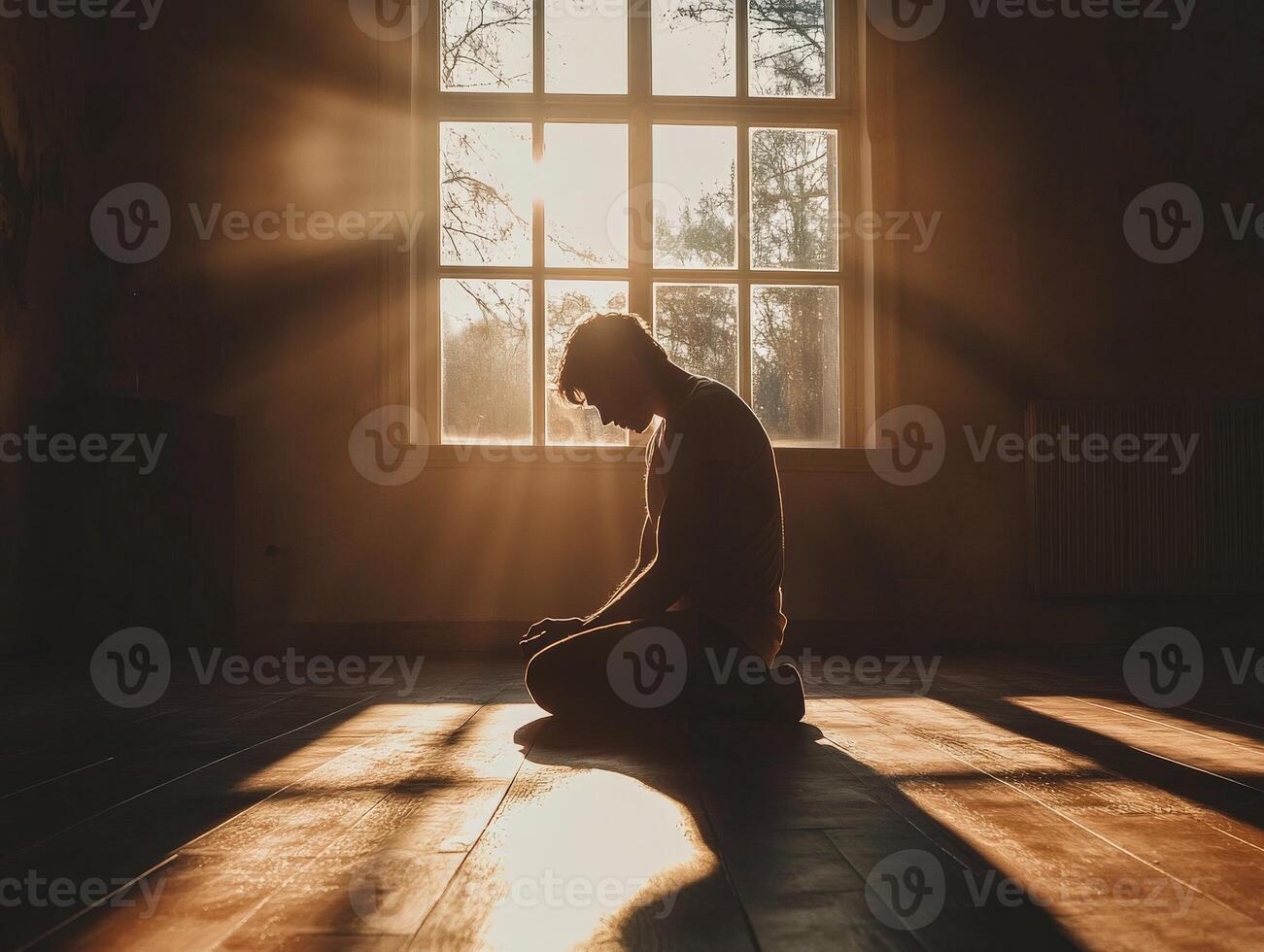 Man in solitude, sunlight streaming through the window photo