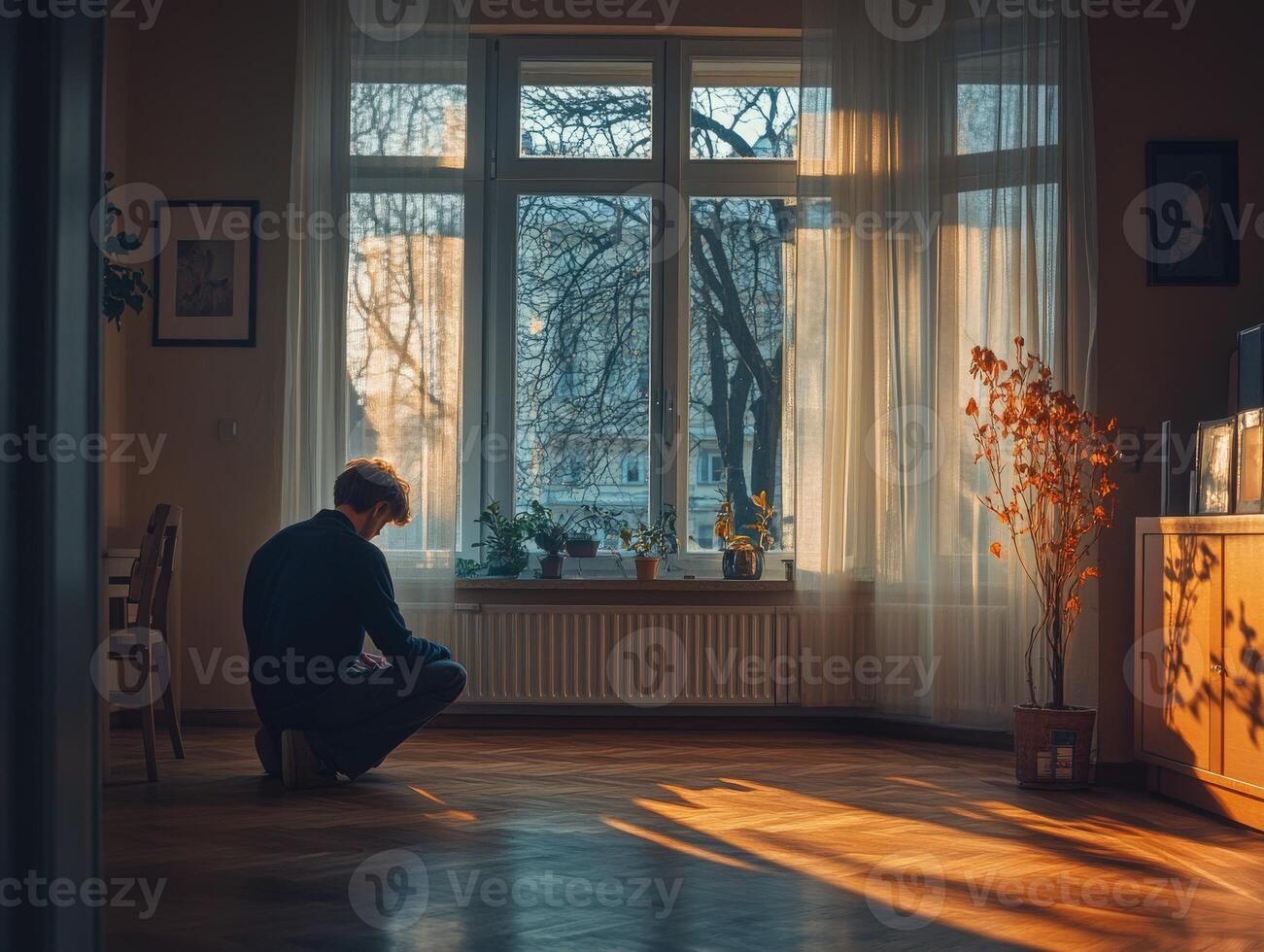 Person sitting pensively in a sunlit living room during sunset photo