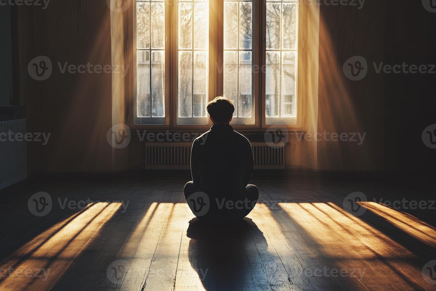 Contemplation in a sunlit room during quiet morning hours photo