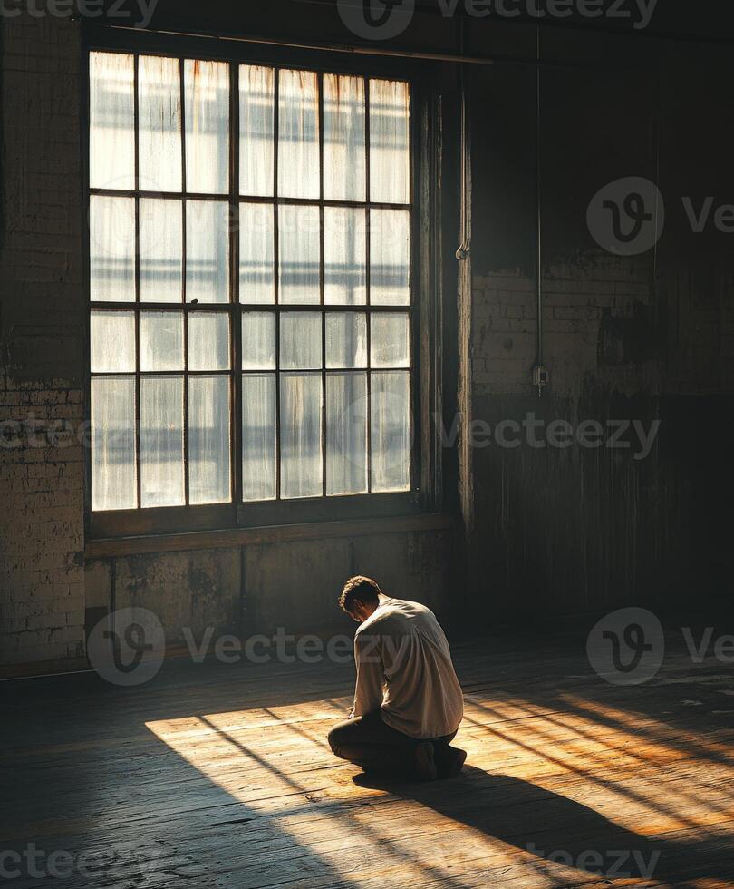 Man in contemplative pose gazing at sunlight through window photo
