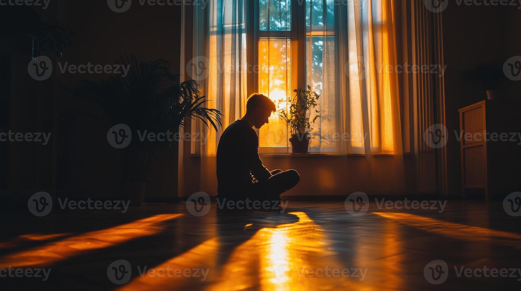 Meditative reflection at sunset in a serene indoor space photo