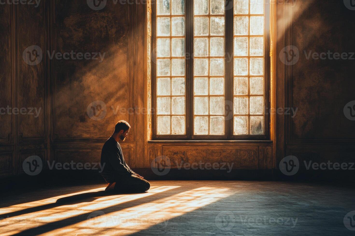 Man kneeling in prayer by a large sunlit window in an old room photo