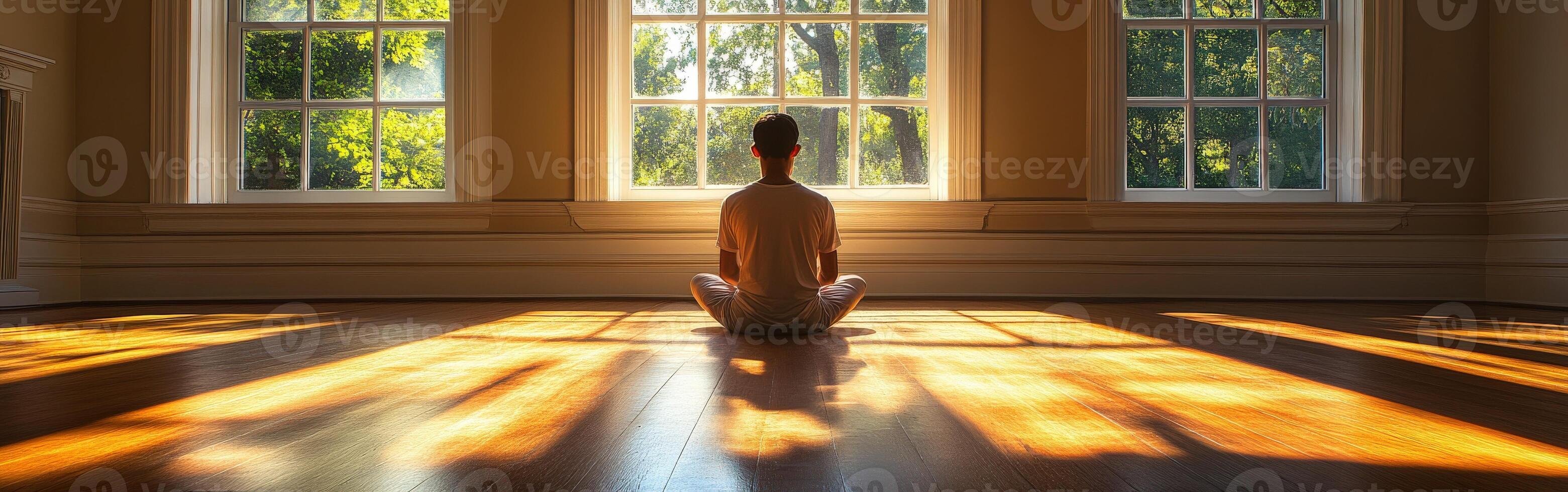 Meditation practice in a sunlit room with large windows photo