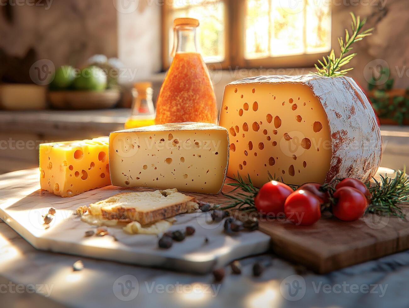 Delicious assorted cheeses with fresh cherry tomatoes on display photo