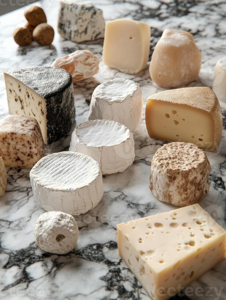Assorted cheese varieties displayed on a marble countertop photo