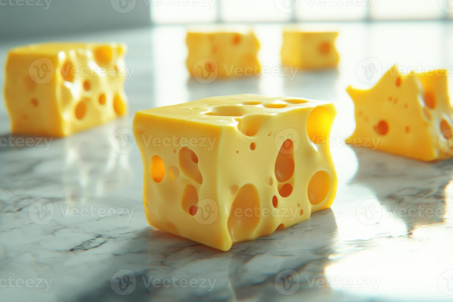 Yellow cheese cubes on a marble surface with soft lighting photo