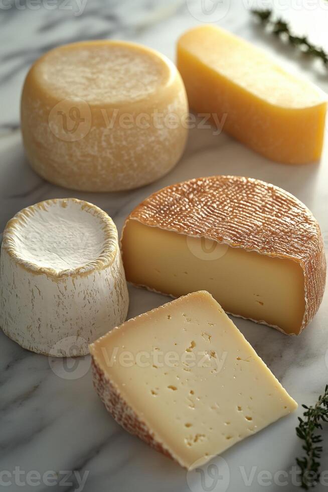 Collection of assorted cheeses arranged on a marble surface photo