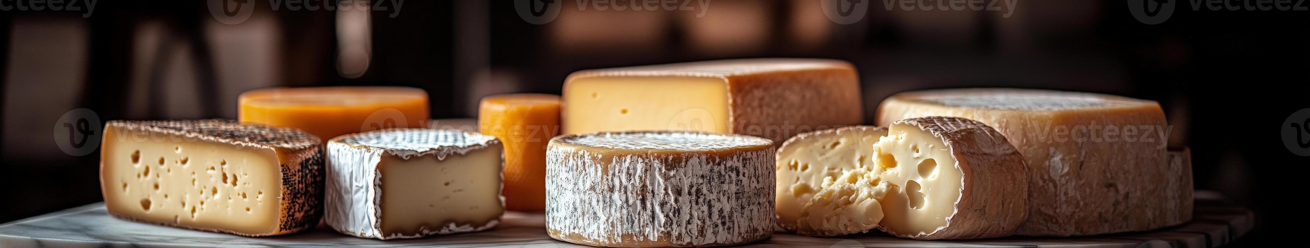 Assorted cheeses arranged artfully on a wooden board photo
