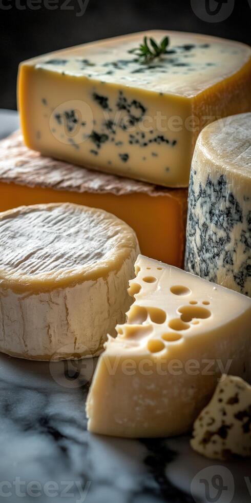 Cheese platter with various types of cheese on a marble surface photo